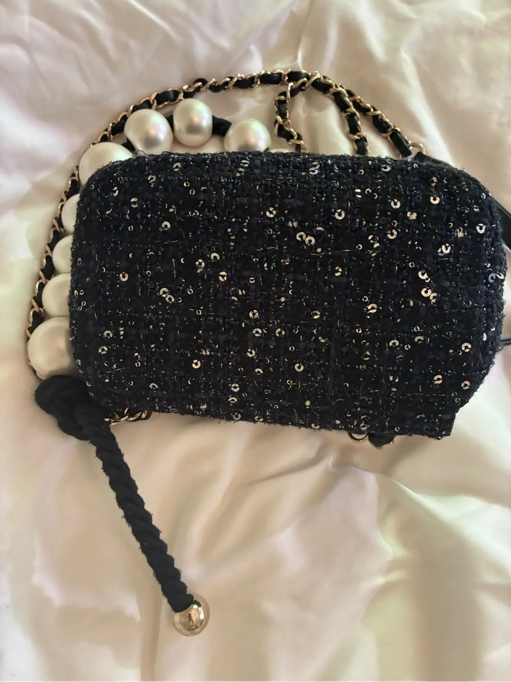 Chanel Black Sequined Pearl-Handle classic flap Mini Shoulder Bag runway